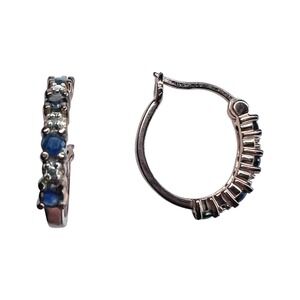 925 Sterling Silver Blue Sapphire CZ Huggie Hoop Earrings Vintage Style